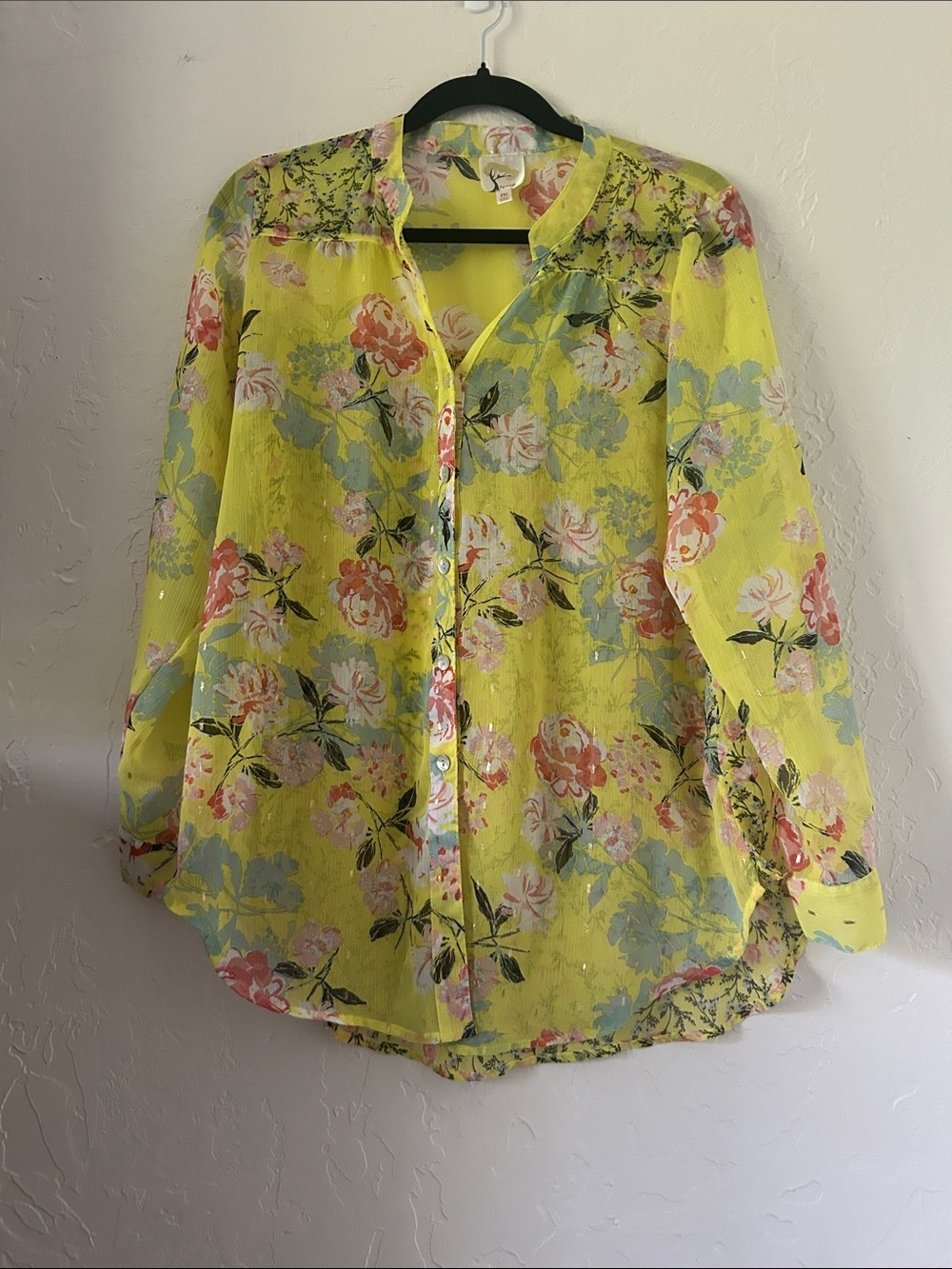 fig and flower Sheer Yellow Floral Button-Down Blouse